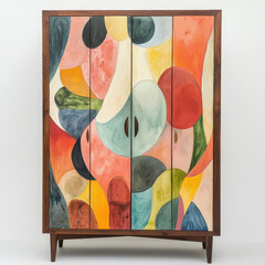 A watercolor painting of a wardrobe with abstract patterns painted on its doors. Include visible brushstrokes and soft washes of color for an organic, artistic feel 