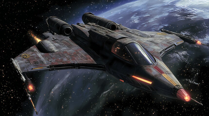 A powerful, advanced starfighter equipped with twin engines and sleek aerodynamic design, built for intense space combat. Starfighter Battle. Illustration