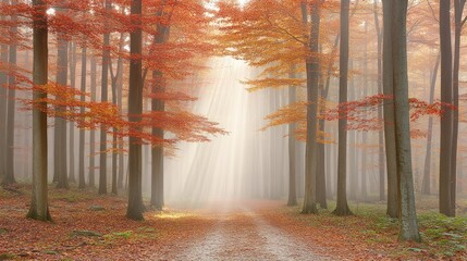 Sunbeams breaking through the fog in a colorful autumn forest, illuminating a path through the trees.