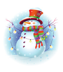 Funny snowman with christmas light. Vector Illustration for Christmas design