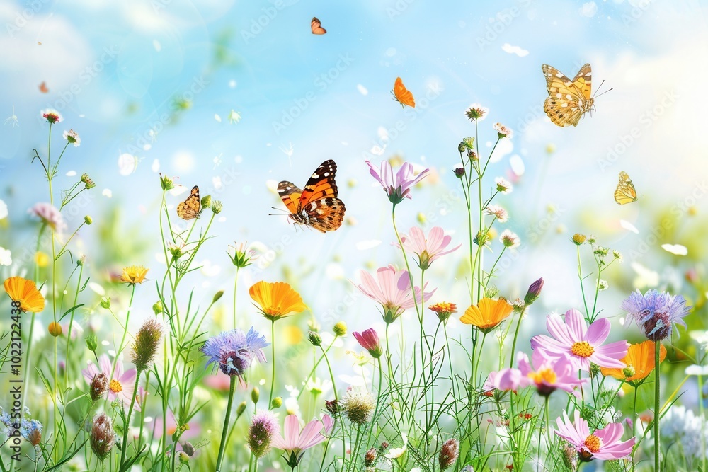 Poster butterflies flutter among vibrant meadow flowers as they sway gently in the warm sunlight, creating 