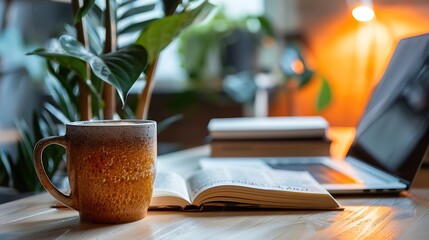 A cozy coffee mug rests on a modern desk next to an open book filled with inspirational quotes in a bright motivational office environment promoting productivity and creativity