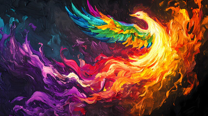 A rainbow phoenix soaring majestically from flames reborn in vibrant colors against a dark hellish backdrop. Phoenix in Flames. Illustration