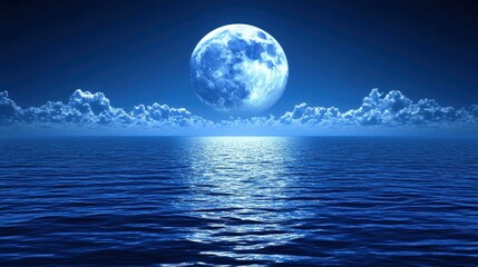 Full moon rising over a calm ocean with a reflection in the water.