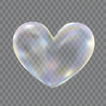 Transparent vector Bubble Heart, 3D Soap love isolated shape. Water Drop. Realistic Liquid Heart shape refraction soap bubble. Foam bubbles png simbol. Colorful multicolored bubble heart