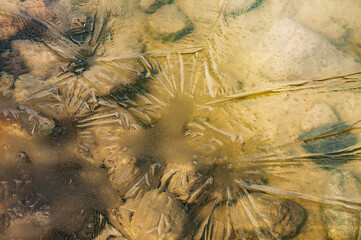 frozen water in a lagoon with ocher and yellow tone background with abstract fractal textures in the design