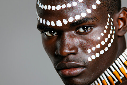 tribal warrior's piercing gaze, half-face close-up showing intricate paint