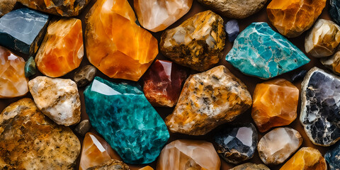 Vibrant assortment of various raw gemstones showcasing natural beauty and texture. A perfect representation of Earth's geological diversity and artistic patterns found in nature.