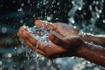 Fototapeta premium Hands are thoroughly washed under a stream of clear water, highlighting the significance of maintaining proper hygiene practices. Generative AI