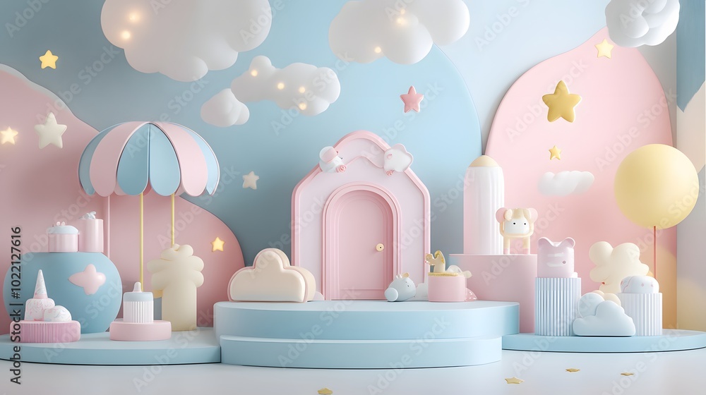 Poster 2. **design a charming 3d scene with pastel-hued geometric podiums in playful, soft shapes. the ligh