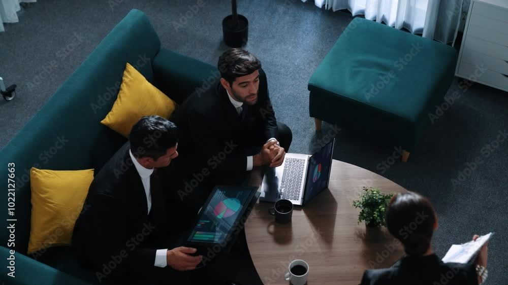 Poster top view of smart team analysis financial graph while female leader join meeting and present stock m
