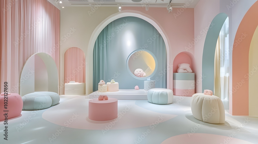 Poster 2. **design a charming 3d scene with pastel-hued geometric podiums in playful, soft shapes. the ligh