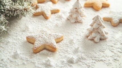 Festive christmas cookies and snow-covered pine branches in winter wonderland, merry christmas and happy new year ai