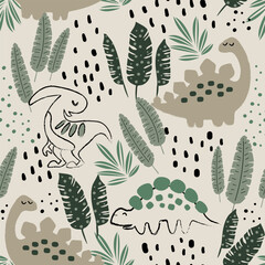 Dinosaurs and leaves seamless pattern. Background with cute dinosaurs for kids.