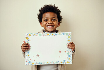 Little boy holding a white paper card in a studio shot. Created with AI. High quality upscale and postproduction.