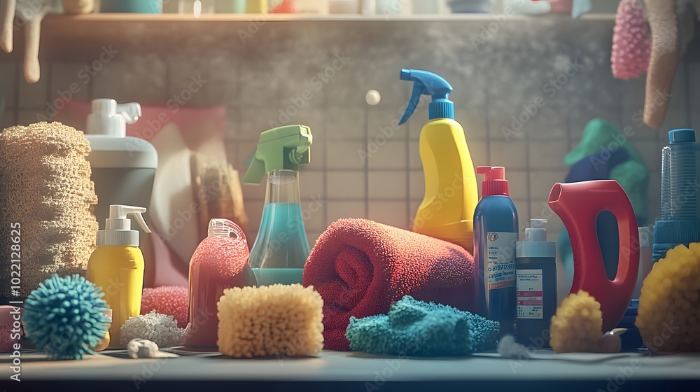 Poster 1. **create a detailed close-up image of various cleaning products and tools arranged artfully on a 