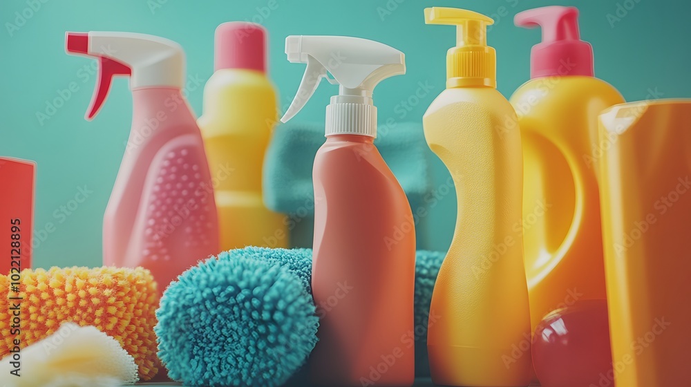 Aufkleber 1. **create a detailed close-up image of various cleaning products and tools arranged artfully on a 