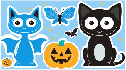 Fototapeta premium Colorful Halloween Characters with Bat, Cat, and Pumpkin