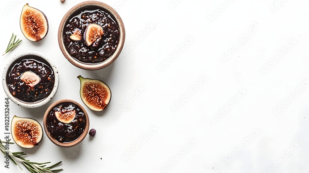 Poster 1. **Create a delightful image featuring bowls of sweet fig jam arranged on a clean white backdrop. The scene should highlight the rich texture and color of the jam, with ample copy space surrounding