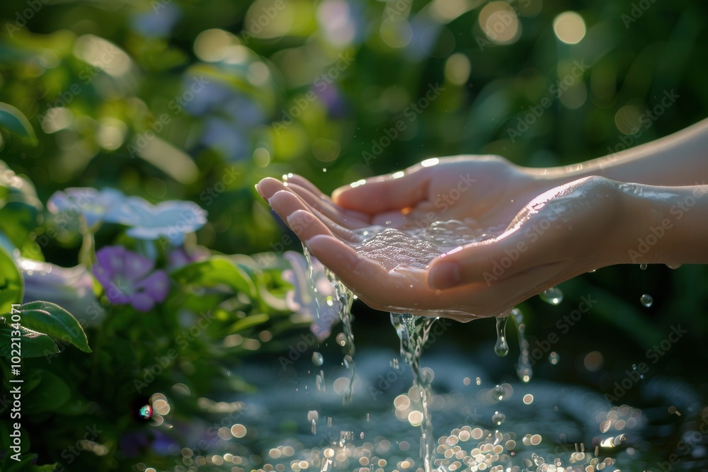 Aufkleber water flows over hands as they are washed in a sunny garden filled with colorful flowers, creating a