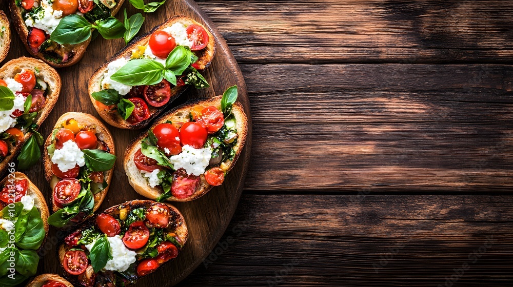 Poster 1. **create a top view image of delicious bruschettas topped with fresh ricotta and a variety of col