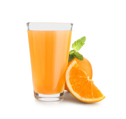 Glass of juice with fresh oranges and mint leaves on white background