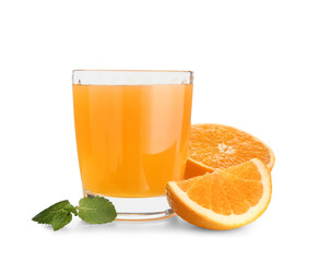 Glass of juice with mint leaves and fresh oranges on white background