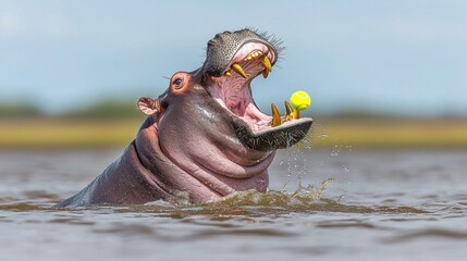Fototapeta premium Hippopotamus with Tennis Ball Splashing in Water