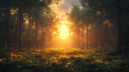 Serene forest at sunrise with golden light filtering through trees.