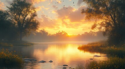 Fototapeta premium Serene Sunset Over a Tranquil Lake - Nature Photography