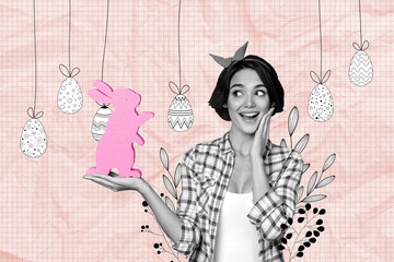 Composite photo collage of excited girl hold bunny figurine easter egg hunt game tradition sunday...