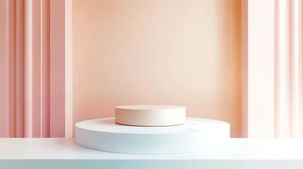 product display background, soft warm light colour scheme, two empty varying size cylindrical pedestals, against pink yellow white wall, huge text space, 3D rendering