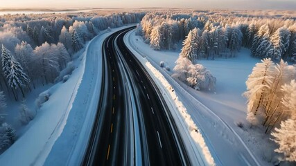 A serene winter landscape featuring a winding road through snow covered trees, capturing the tranquility and beauty of the season