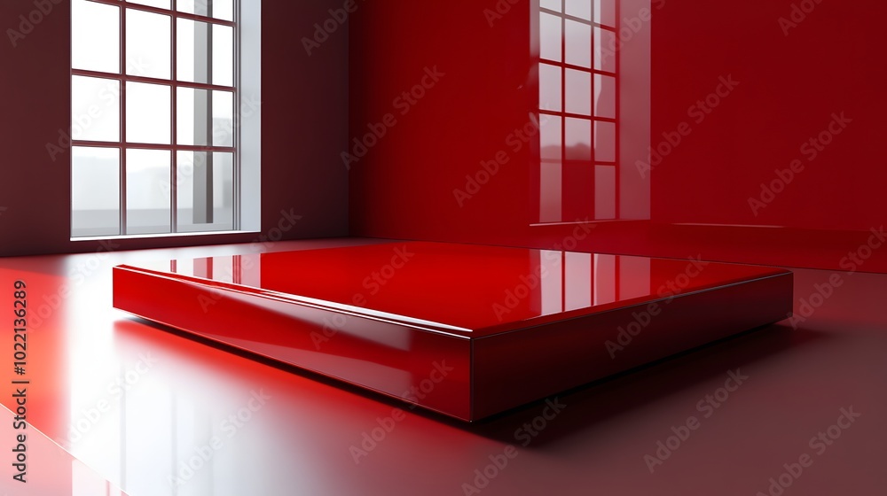 Poster 1. **create a striking image featuring a red glossy glass square podium, designed to showcase produc