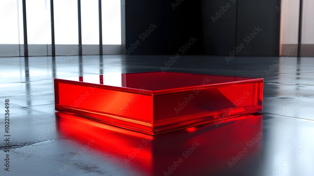Poster 1. **create a striking image featuring a red glossy glass square podium, designed to showcase produc