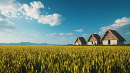 A beautiful rural scene showcasing traditional houses surrounded by lush rice fields under a bright blue sky, ideal for travel and nature themes.