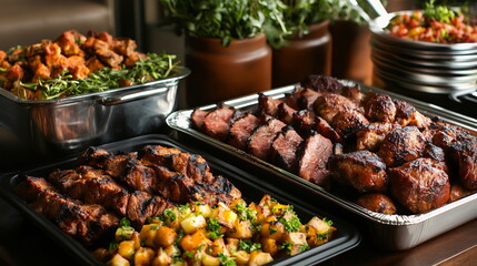 Exquisite Buffet Feast with Grilled Delights and Gourmet Sides