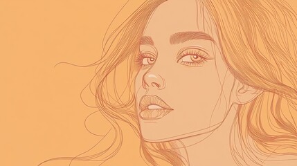 Naklejka premium A line art portrait of a woman with long hair and eyes. The artwork features delicate lines and a soft, solid background