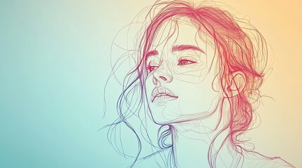 Fototapeta premium A line art portrait of a woman with long hair and eyes. The artwork features delicate lines and a soft, solid background
