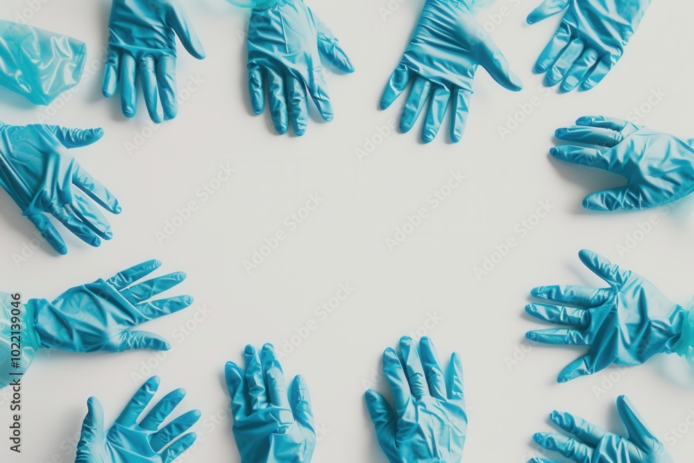 Poster a collection of sterile medical gloves is displayed in a circular layout on a white background, high