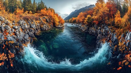 A rushing river flows through a rocky valley, surrounded by vibrant fall foliage. The water is crystal clear, revealing the rocky bottom.