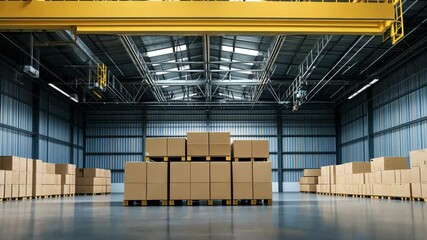 Large Warehouse with Cardboard Boxes and Yellow Crane - Powered by Adobe