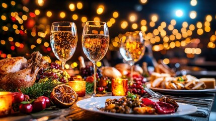 Festive Dining with Glowing Lights and Delicious Food