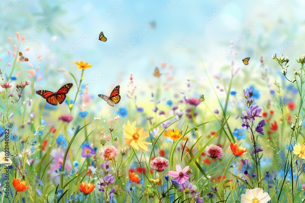 Poster butterflies dance amidst a meadow bursting with colorful wildflowers under a radiant spring sky, cre