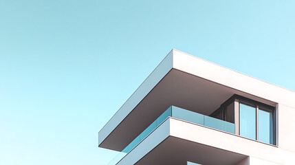 A minimalist building with clean lines and smooth white concrete surfaces, set against a clear blue sky, emphasizing simplicity and modern architectural design 