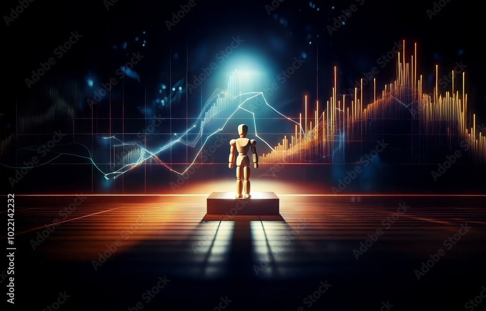 Poster a wooden figure stands on a platform in front of a glowing grid displaying a line chart and bar grap