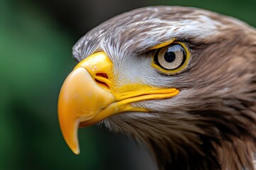 Naklejka premium A close-up of a sharp-eyed eagle, showcasing its distinct feathers, piercing gaze, and prominent beak against a blurred green background.