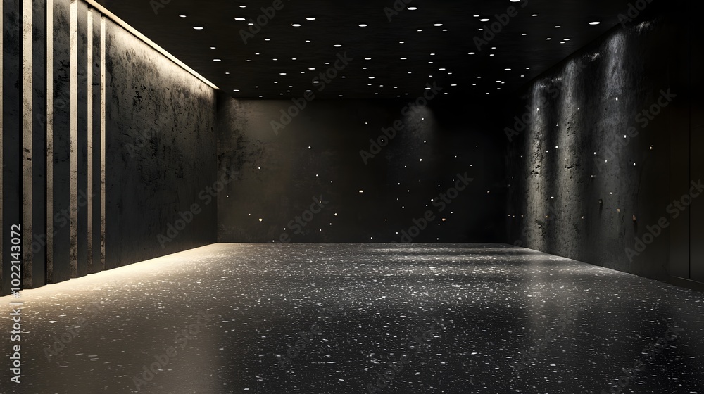Poster 3. **imagine a minimalist 3d rendering of an empty studio room, showcasing a dark grey background wi