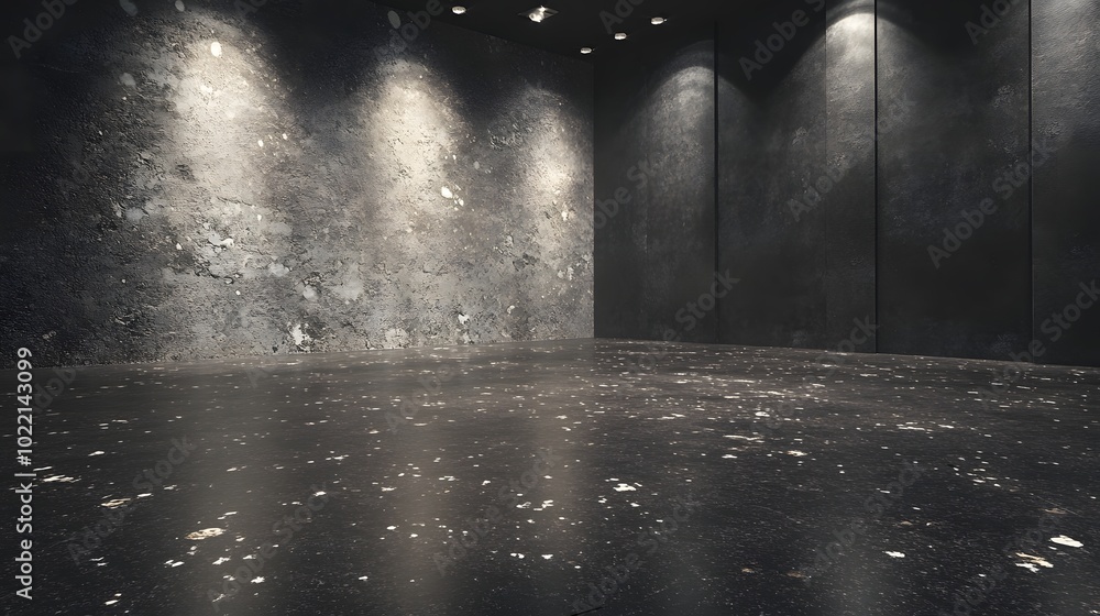Poster 3. **imagine a minimalist 3d rendering of an empty studio room, showcasing a dark grey background wi