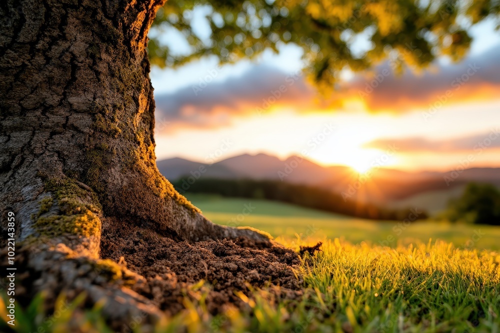 Wall mural a grand tree trunk with expansive roots graces the foreground, while a striking sunrise paints the s